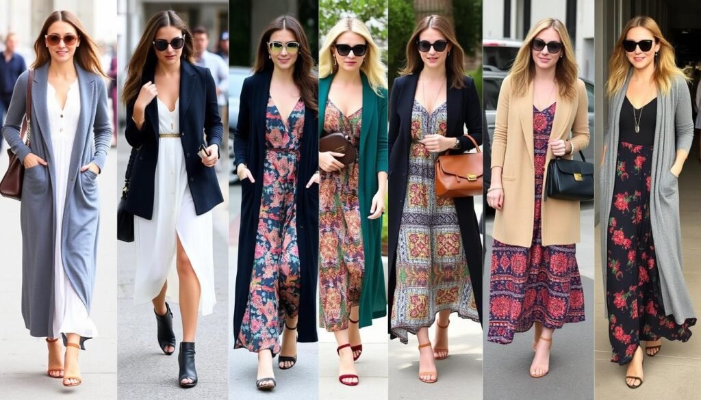 Get inspiration from celebrity fashion: long cardigan and maxi dress combinations