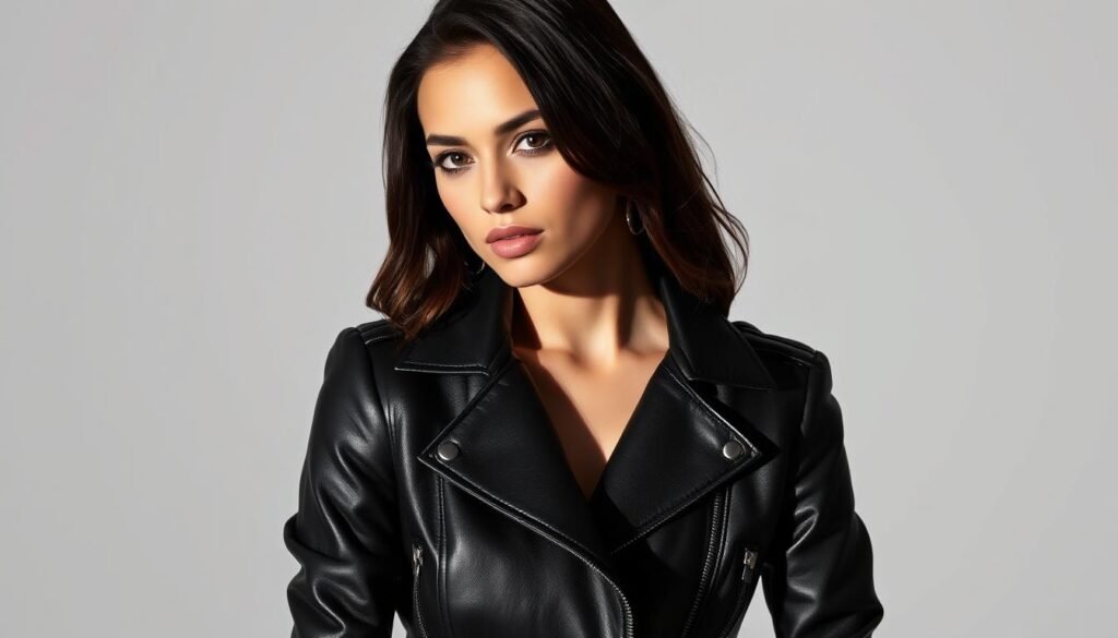 High-contrast studio portrait of a fashionable young woman wearing a tailored black leather jacket, her expression conveying a sense of confidence and sophistication. The jacket features sleek, minimalist design details like epaulets and zippers. The background is a simple, neutral-toned studio setting, allowing the model and the jacket to be the focal point. Dramatic lighting from the side casts dramatic shadows, emphasizing the textures and shapes of the leather. The overall aesthetic is clean, modern, and showcases the enduring style and versatility of the leather jacket as a wardrobe essential.