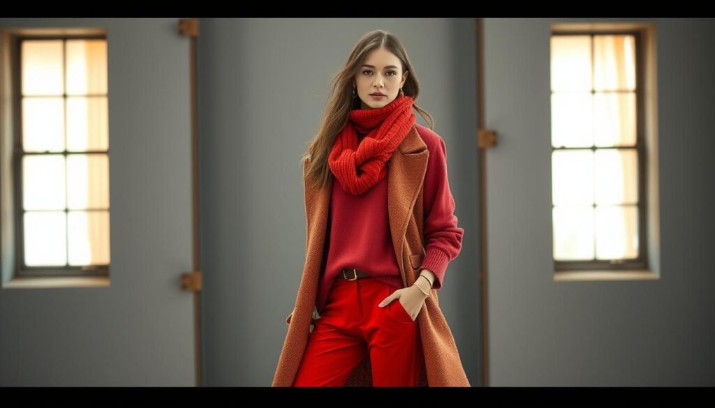 Image of a model wearing a bold, red fall outfit
