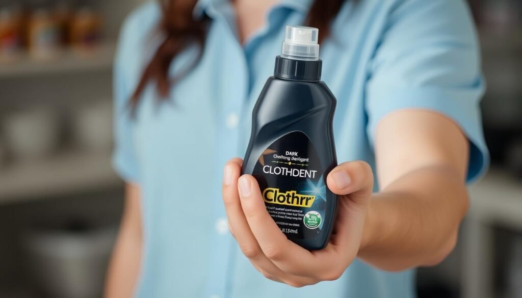 Image of a person holding a bottle of detergent specifically designed for dark clothing