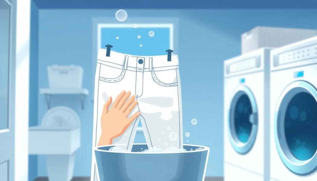 Image of a person washing white jeans