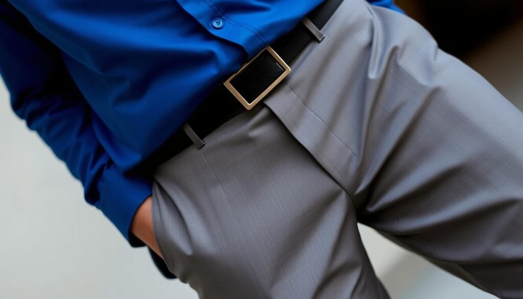 Image of a person wearing a classic blue button-up shirt with a pair of fluid trousers.
