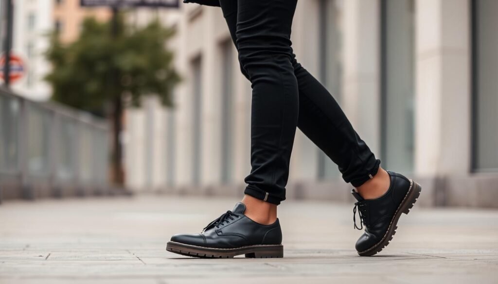 Image of a person wearing black jeans with stylish shoes