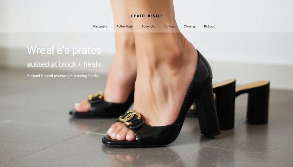 Image of a reputable resale platform featuring authenticated pre-owned Chanel block heels