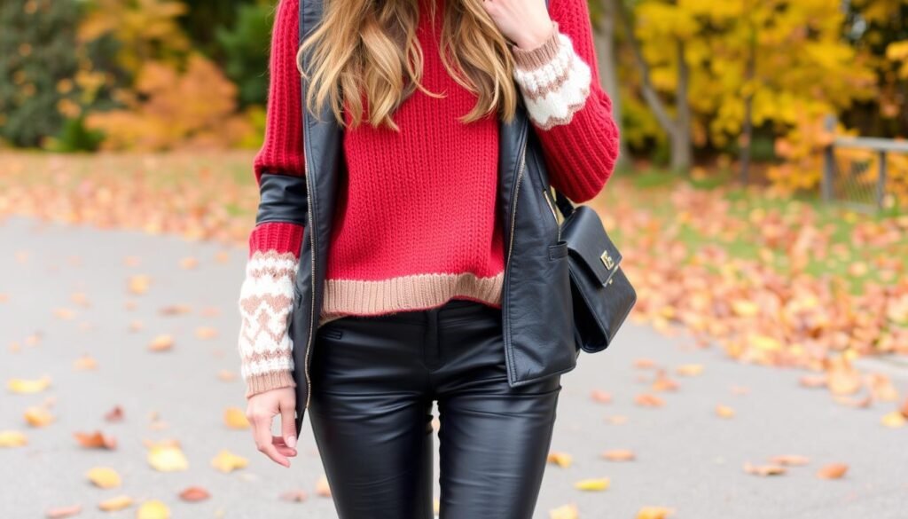Image of a stylish autumn outfit with a mix of knit, leather, and cotton pieces.