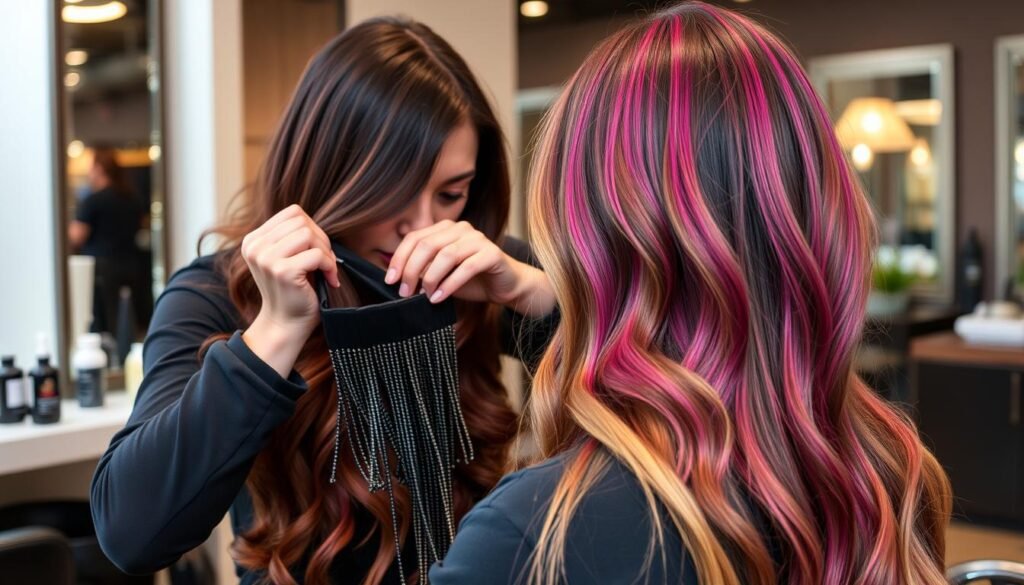 Image of a stylist applying beaded row extensions