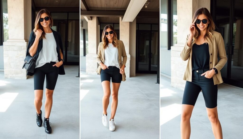 Image of a woman trying on different lengths of biker shorts