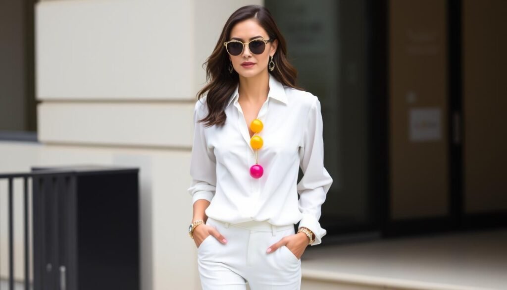 Image of a woman wearing a crisp white blouse with white pants and bright accessories