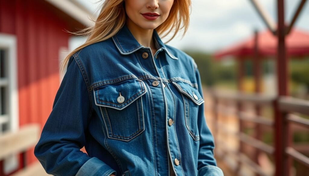 Image of a woman wearing a denim barn jacket