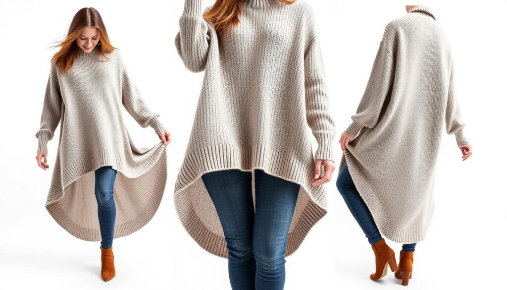 Image of a woman wearing a high-low hem long sweater, showcasing the unique hemline from different angles.