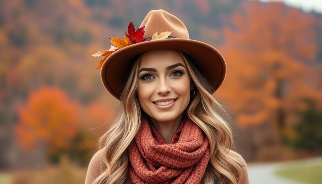 Image of a woman wearing a stylish fall hat