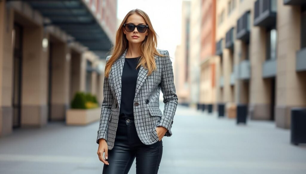 Image of a woman wearing a tweed blazer with black jeans and oversized sunglasses