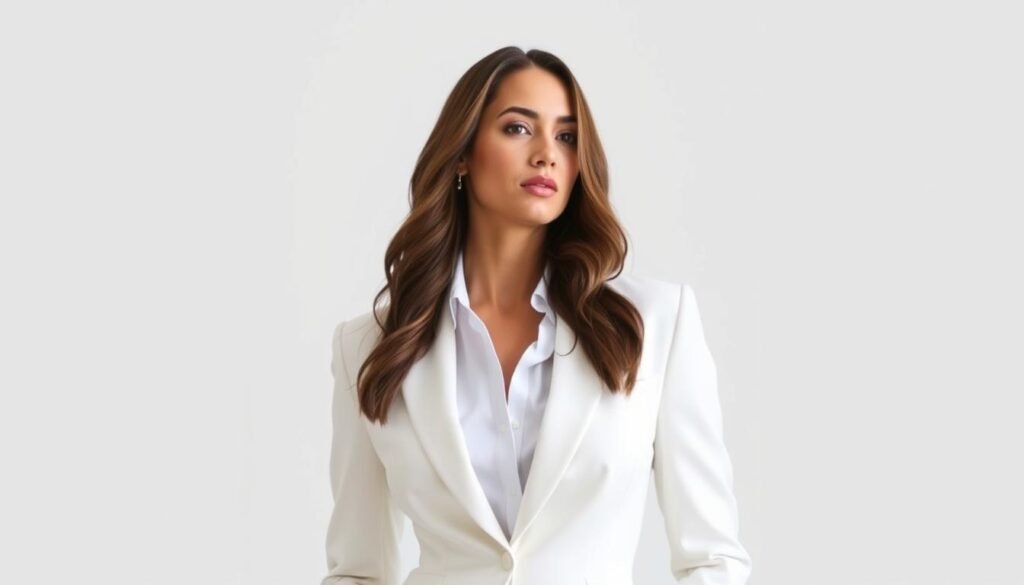Image of a woman wearing an all-white suit
