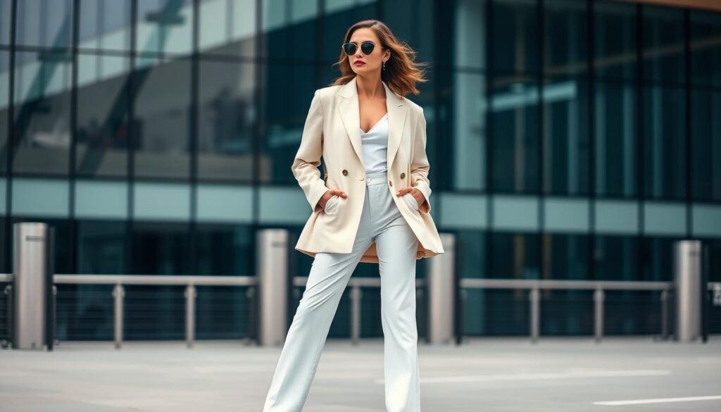 Image of a woman wearing an oversized blazer with white trousers