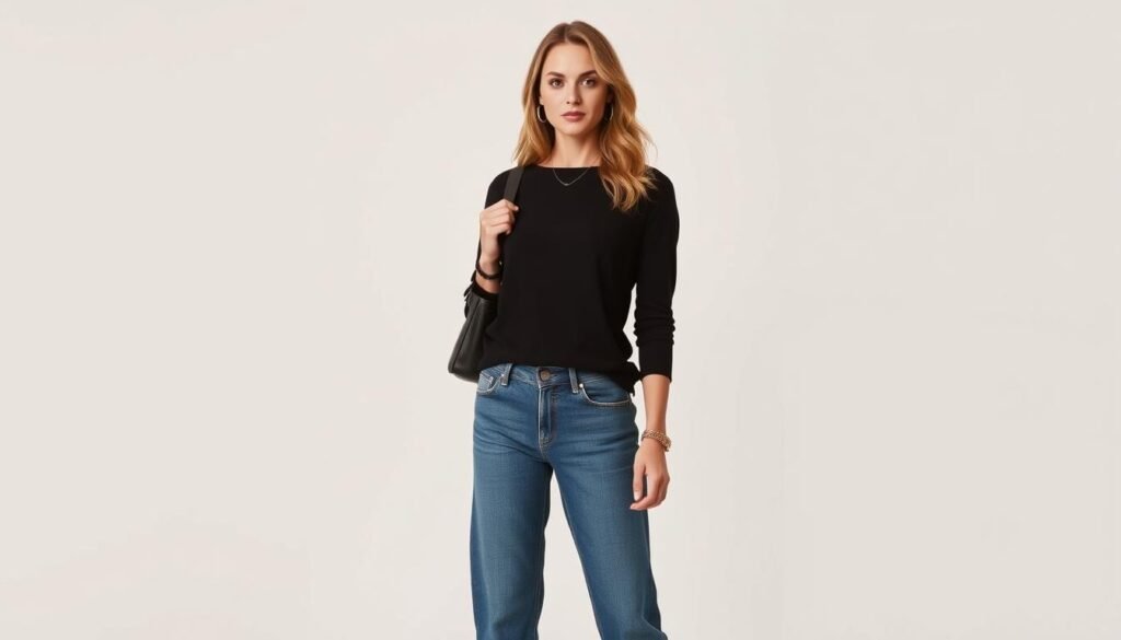 Image of a woman wearing barrel-leg jeans with minimalist accessories