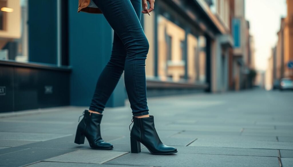 Image of a woman wearing skinny jeans with ankle boots