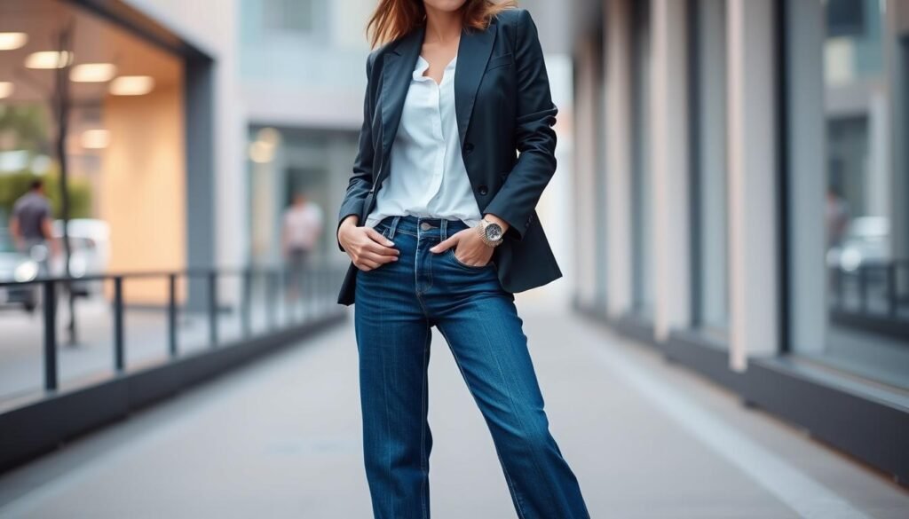 Image of a woman wearing straight-leg jeans with a blazer