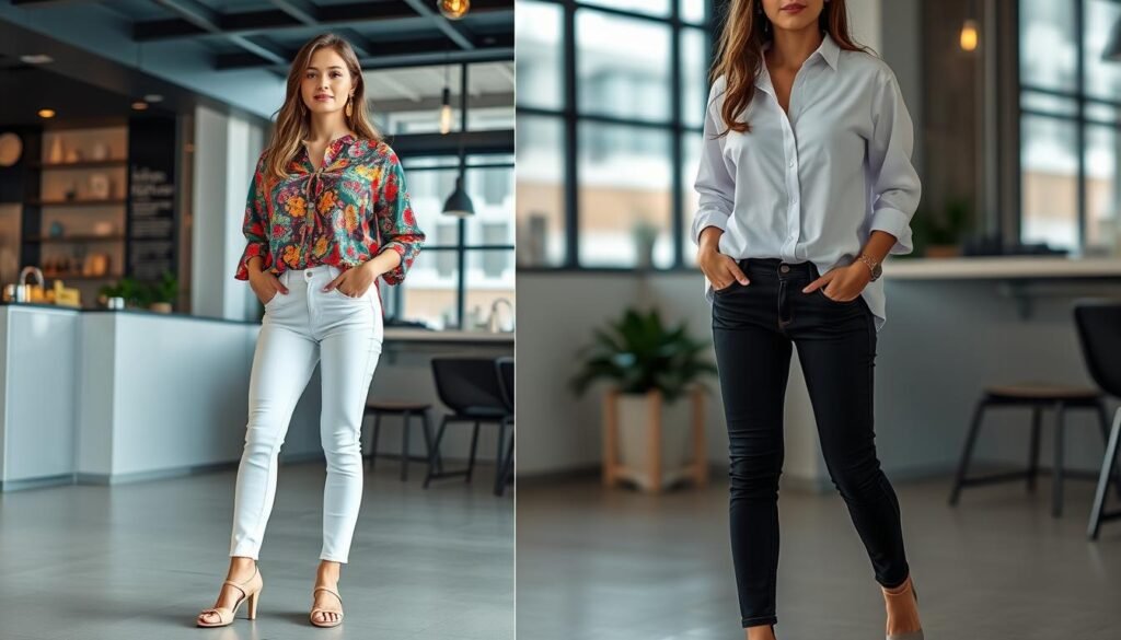Image of a woman wearing white jeans with a colorful blouse and black jeans with a crisp white button-down shirt.