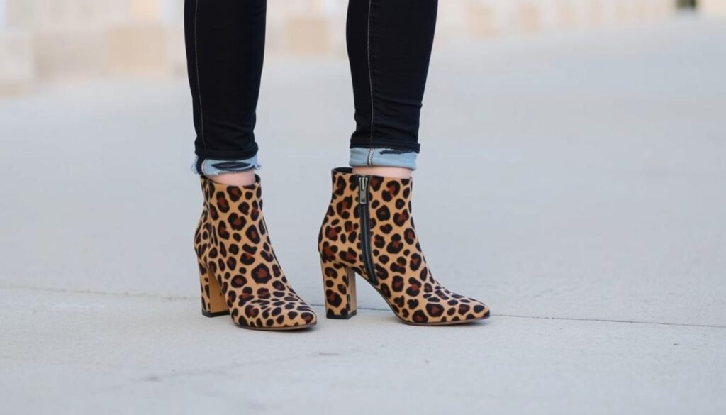Image of ankle-height leopard booties with distressed jeans and a graphic tee