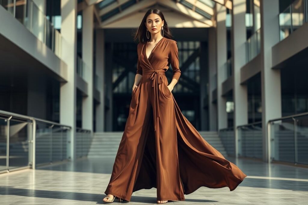 Model in flowing chocolate brown jumpsuit for spring 2025