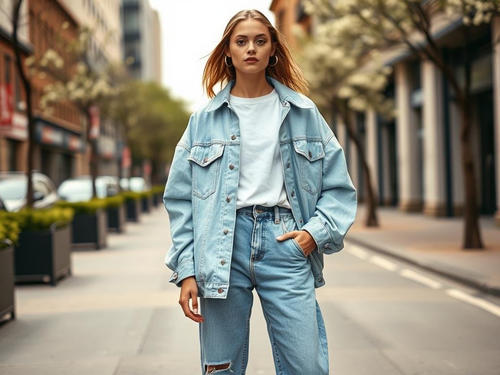 Model wearing oversized denim jacket with matching wide-leg jeans for spring 2025