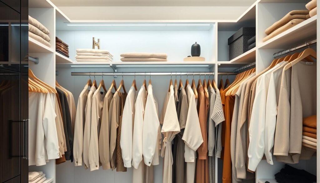 Organized closet with sleek, minimalist shelving and storage solutions. Neatly folded clothes in neutral tones, arranged by category. Wooden hangers hold button-up shirts, sweaters, and pants in a harmonious display. Soft indirect lighting illuminates the space, creating a serene, calming atmosphere. Overhead shelves contain carefully curated accessories and small decor pieces. The composition emphasizes efficiency, simplicity, and a sense of tranquility - key elements for a capsule wardrobe.