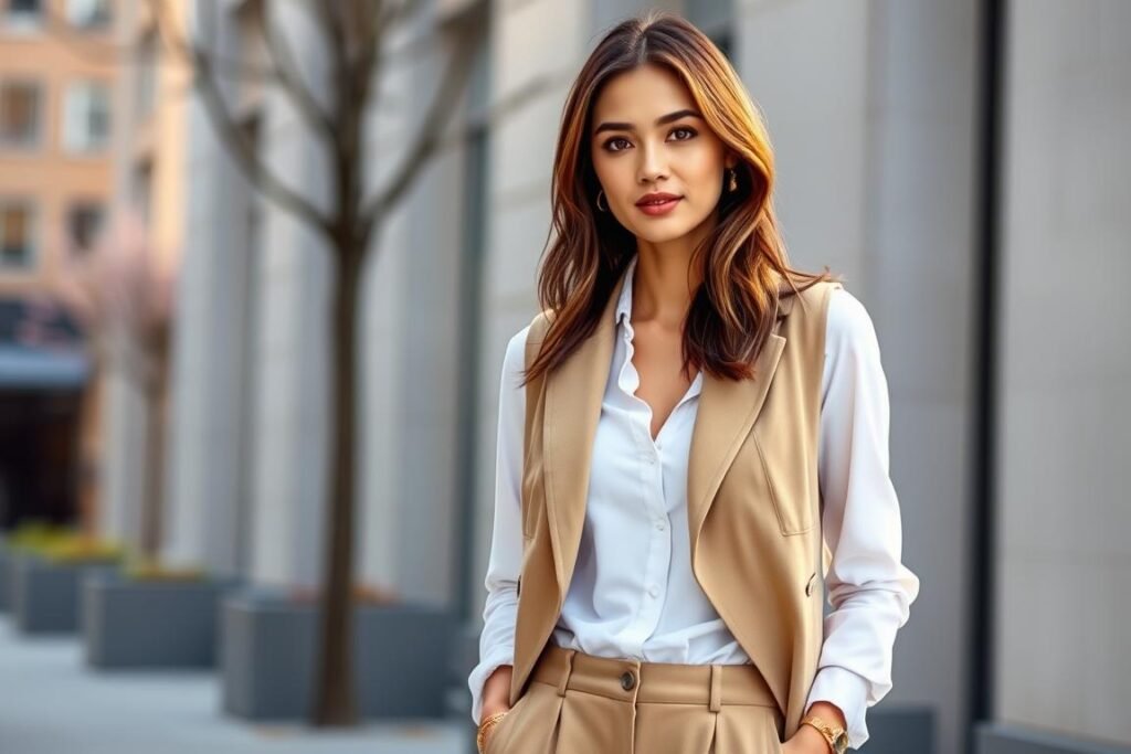 Professional woman wearing tailored waistcoat with wide-leg trousers for spring 2025