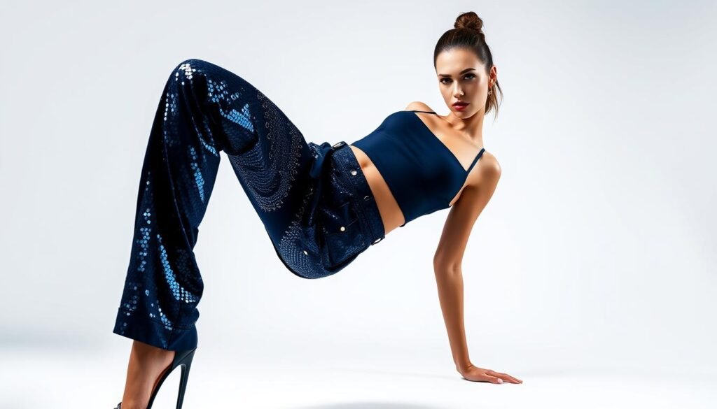 Prompt A model posing in a chic navy blue sequin cargo pants outfit, captured in a high-fashion editorial style. The cargo pants feature intricate sequined detailing that shimmers under dramatic studio lighting, accentuating the sleek silhouette. The outfit is styled with a minimalist, form-fitting top in a complementary hue, allowing the bold pants to take center stage. The model strikes a confident, fierce pose, their gaze directed towards the camera. The background is a clean, white studio setup, creating a striking contrast that makes the outfit the sole focus of the image. The overall aesthetic conveys a sense of modern elegance and effortless cool, perfectly encapsulating the essence of the "Navy Blue Sequin Cargo Pants" section.