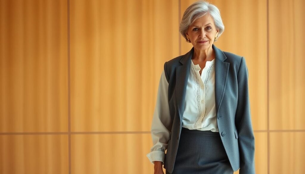 Prompt A well-tailored, structured outfit for a stylish woman over 60, captured in a warm, natural lighting environment. The foreground features a crisp, ivory button-up blouse with delicate lace detailing, paired with a fitted, coal-grey pencil skirt that flatters the figure. The middle ground showcases a sleek, charcoal-colored blazer with structured shoulders, adding a touch of sophistication. In the background, a minimalist, wooden-paneled wall provides a clean, elegant backdrop, conveying a sense of timeless, refined beauty.