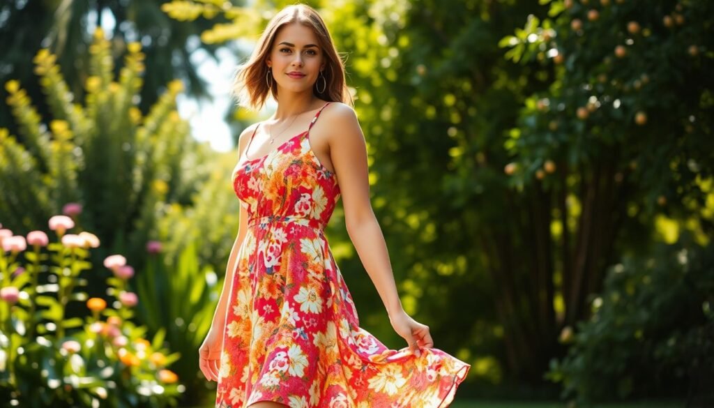 Prompt Stylish woman posing outdoors on a sunny summer day, wearing a vibrant, floral-printed sundress with a fitted waist and flowy skirt. She is standing in a lush, verdant garden setting, with a backdrop of blooming flowers and greenery. The lighting is soft and diffused, creating a warm, golden glow that highlights the details of her dress and accentuates her confident, yet casual pose. The camera angle is slightly low, capturing the full length of the dress and the woman's elegant, yet approachable demeanor, as she showcases how to effortlessly style an affordable summer dress.