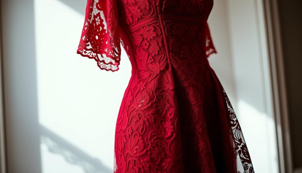 Red lace midi dress image