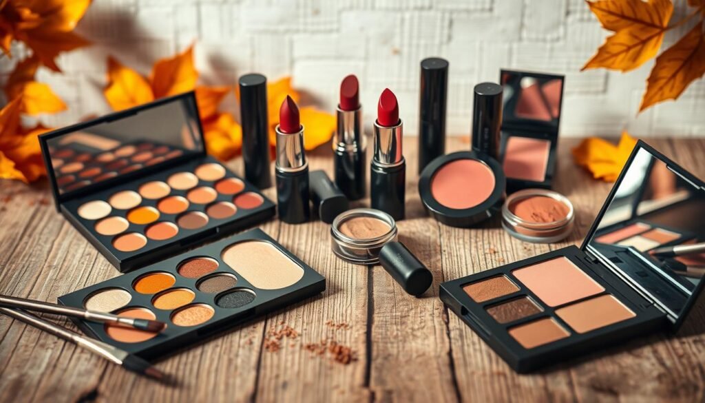 Soft autumn lighting illuminates a carefully curated collection of fall makeup essentials laid out on a rustic wooden surface. In the foreground, a selection of richly pigmented eyeshadow palettes in warm, earthy tones, alongside a delicate brush set. In the middle ground, a mix of matte lipsticks in burgundy and plum hues, as well as a luminous highlighter and a velvety blush in a deep peach. The background features a subtly textured backdrop, hinting at the changing seasons with hints of golden leaves and hints of cinnamon. The overall atmosphere evokes the cozy, inviting feel of the fall season, perfect for creating the ultimate autumnal makeup look.