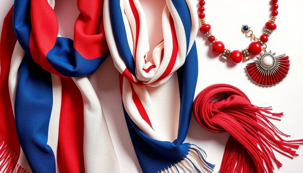 Stylish accessories for striking red, white, and blue outfits. Vibrant scarves, sleek leather belts, and bold statement jewelry in patriotic hues, artfully arranged against a crisp white backdrop. Soft lighting highlights the textures and colors, creating an air of sophisticated elegance. A tasteful, high-fashion editorial aesthetic, inviting the viewer to envision chic, modern looks that transcend typical 4th of July styling. Thoughtful, versatile pairings that elevate the classic red, white, and blue palette into a timeless, fashion-forward aesthetic.