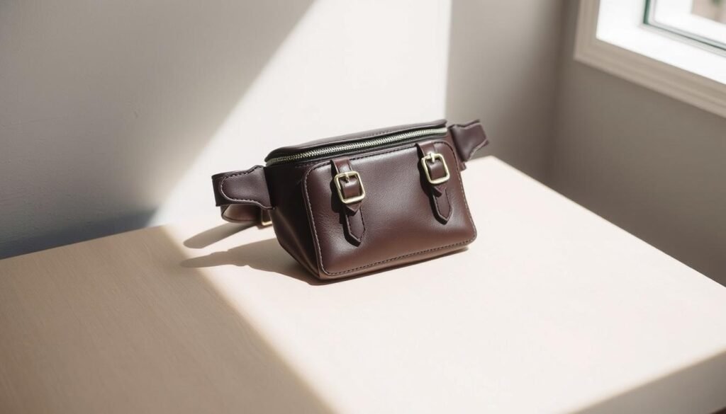 Toteme Belt Bag Review: A well-lit, detailed close-up shot showcasing the premium leather and elegant hardware of the Toteme belt bag. The bag is positioned on a neutral-toned surface, casting soft shadows that accentuate its clean, minimalist design. The lighting is balanced, creating a warm, inviting atmosphere that highlights the bag's quality and craftsmanship. The frame is tightly focused, emphasizing the bag's key features and textures, with a shallow depth of field to blur the background and draw the viewer's attention to the subject. The overall composition is visually striking, capturing the essence of the Toteme belt bag in a manner that aligns with the comprehensive review and highlights its worth.