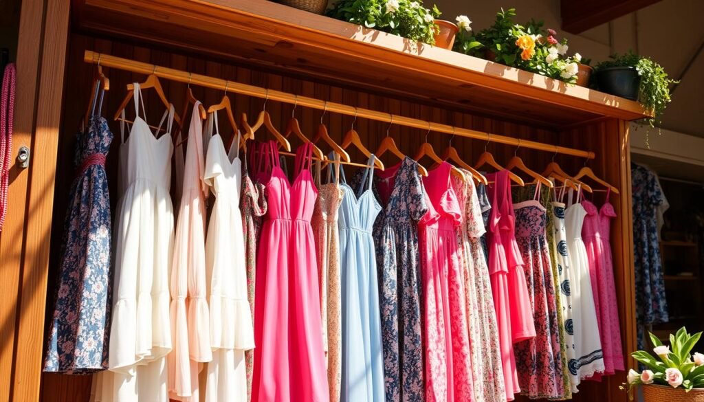 Vibrant, sun-drenched scene showcasing a diverse array of fashionable summer dresses on a wooden shelving unit. The dresses are arranged in an eye-catching display, with pops of color and breezy, flowy silhouettes. Warm, natural lighting illuminates the scene, accentuating the rich textures and delicate details of the garments. The dresses appear to be high-quality yet affordable, reflecting the accessible luxury of Amazon's fashion selection. A sense of effortless style and summertime joy permeates the image, inviting the viewer to imagine themselves wearing these stylish, budget-friendly pieces.