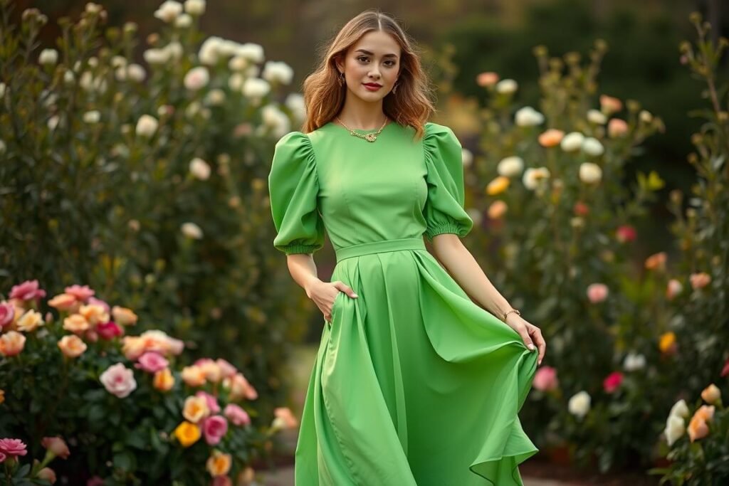 Woman in vibrant frog green midi dress for spring 2025