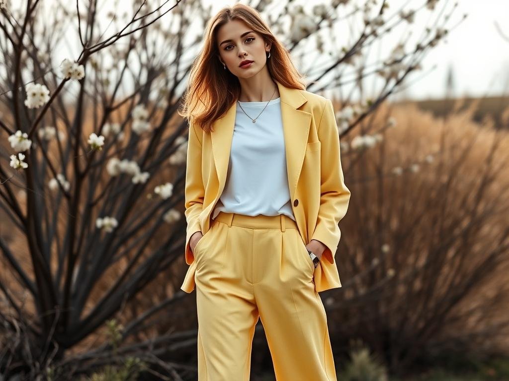 Woman wearing a butter yellow blazer with matching trousers for spring 2025 spring outfit