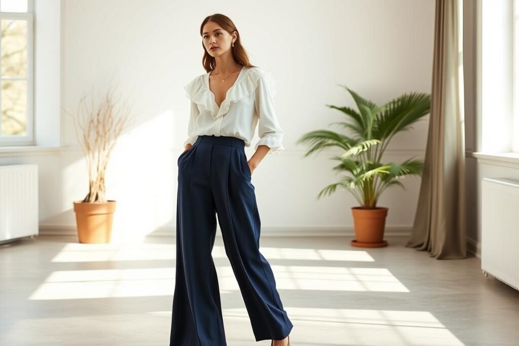 Woman wearing white ruffled blouse with navy wide-leg pants for spring 2025