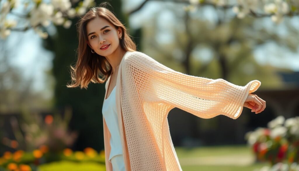 a beautiful, lightweight, long cardigan in a soft, pastel color, hanging gracefully on a female model's shoulders against a blurred, natural backdrop of a spring or summer garden, the cardigan's flowing, airy fabric catching the gentle breeze, creating a serene, effortless elegance, the model's posture and expression conveying a sense of relaxed, feminine charm, the image captured with a shallow depth of field using a high-quality mirrorless camera lens, emphasizing the cardigan's intricate knit texture and delicate drape.