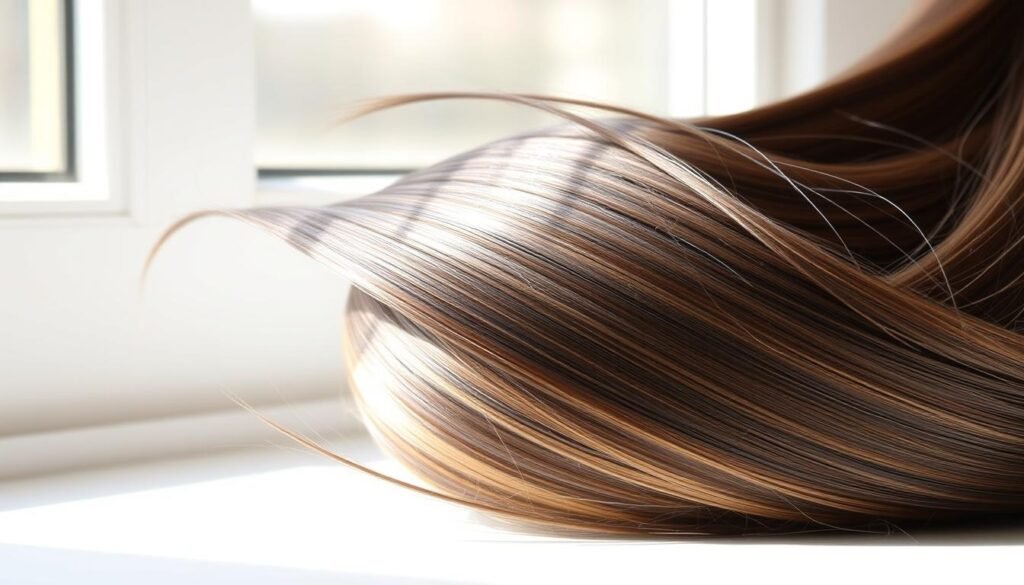 a detailed close-up shot of several strands of tangle-free, glossy, and silky smooth NBR (Natural Blend Remy) hair extensions, each measuring approximately 18 inches in length, with a natural dark brown color and subtle highlights, illuminated by soft, diffused natural lighting from a window, against a clean, minimalist background that allows the extensions to be the main focus, creating a high-quality, professional-looking visual representation of the cons of NBR hair extensions, conveying their potential downsides, such as maintenance, cost, and potential damage to the natural hair.