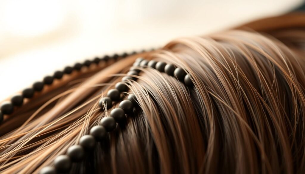 a detailed, high-quality, hyper-realistic photograph of well-maintained beaded row hair extensions in natural lighting, showcasing the intricate beaded rows, smooth texture, and healthy shine of the hair strands. The composition features the extensions in the foreground, with a soft, blurred background to emphasize the subject. The lighting is soft and diffused, creating a warm, inviting atmosphere. The image captures the delicate care and attention required to maintain the extensions, highlighting their versatility and beauty.