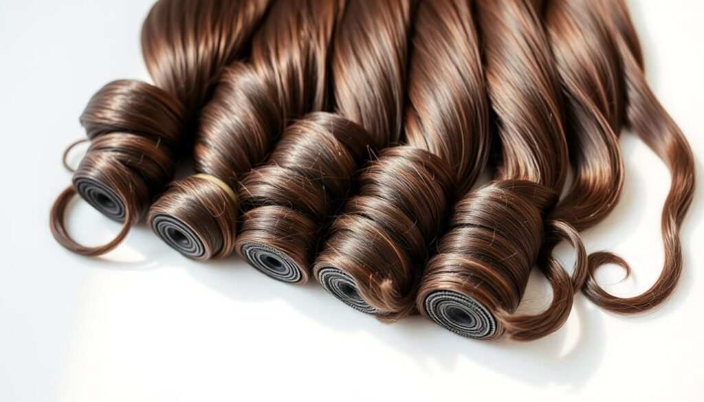 a high-quality close-up shot of several bundles of dark brown NBR hair extensions, displayed on a plain white surface with soft, natural lighting, showcasing the lustrous, silky texture and natural wave pattern of the hair strands, with a focus on the seamless blend between the hair extensions and the natural hair, to illustrate the potential drawbacks and downsides of NBR hair extensions, such as damage to natural hair, high maintenance, and difficulty achieving a natural-looking result.