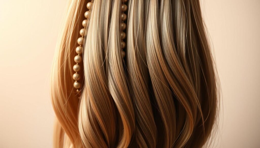 a high-resolution, hyper-realistic photograph of natural beaded row hair extensions, shot in soft, warm studio lighting with a shallow depth of field. the extensions are made of premium human hair, with evenly spaced beads that securely hold the strands in place. the hair is silky smooth, with a subtle sheen and natural waves. the extensions are displayed against a neutral background, allowing the intricate details and natural beauty of the hair to shine. the image captures the unique and stylish appearance of these versatile hair extensions.