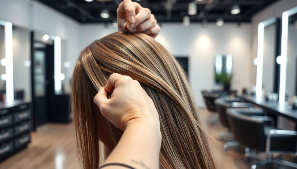 a professional, high-quality image of an NBR hair extensions installation, in a well-lit and clean salon setting. Detailed close-up view of the hair extensions being carefully applied to the model's head, with the stylist's hands meticulously working on the extensions. The model's hair is neatly parted and the extensions are blended seamlessly, creating a natural and full-looking hairstyle. The salon environment features modern decor, with sleek furniture and equipment. Soft, diffused lighting illuminates the scene, enhancing the texture and sheen of the hair. The overall mood is one of professionalism, precision, and a high-end salon experience.