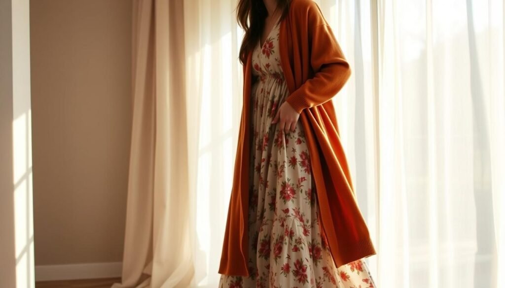 A cozy fall day, a russet long cardigan cascades over a flowing floral maxi dress. Soft natural lighting filters through gauzy curtains, casting a warm glow. The cardigan's oversized silhouette and long, gentle lines complement the dress' billowing skirt, creating a harmonious, seasonally-appropriate ensemble. The model stands in a sun-dappled room, one hand casually resting on their hip, exuding an effortless, relaxed charm. Muted earth tones and delicate patterns evoke the transitional nature of autumn, perfect for showcasing stylish cold-weather layering.