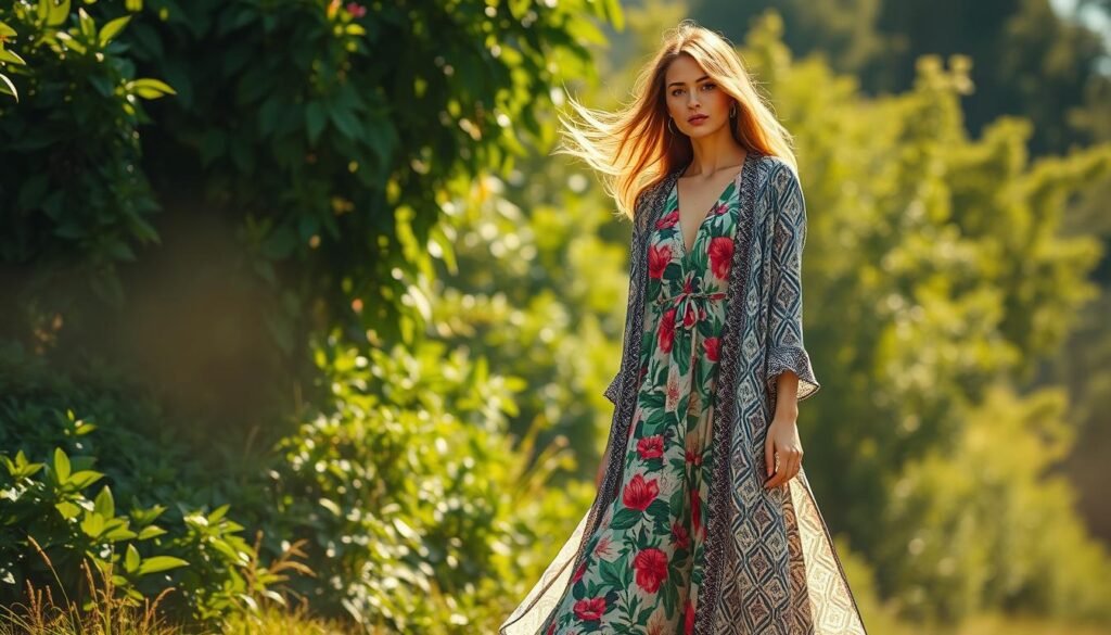 A sunny, warm-toned scene depicting a fashionable woman wearing a long, flowy dress in a vibrant botanical print, paired with a long, oversized cardigan in a contrasting geometric pattern. The woman stands confidently, her hair flowing freely, surrounded by lush, verdant foliage. Soft, diffused lighting creates a dreamy, ethereal atmosphere, highlighting the delicate interplay of patterns and textures. The composition emphasizes the graceful, layered silhouette, inviting the viewer to explore the visually captivating mix of patterns and textures.