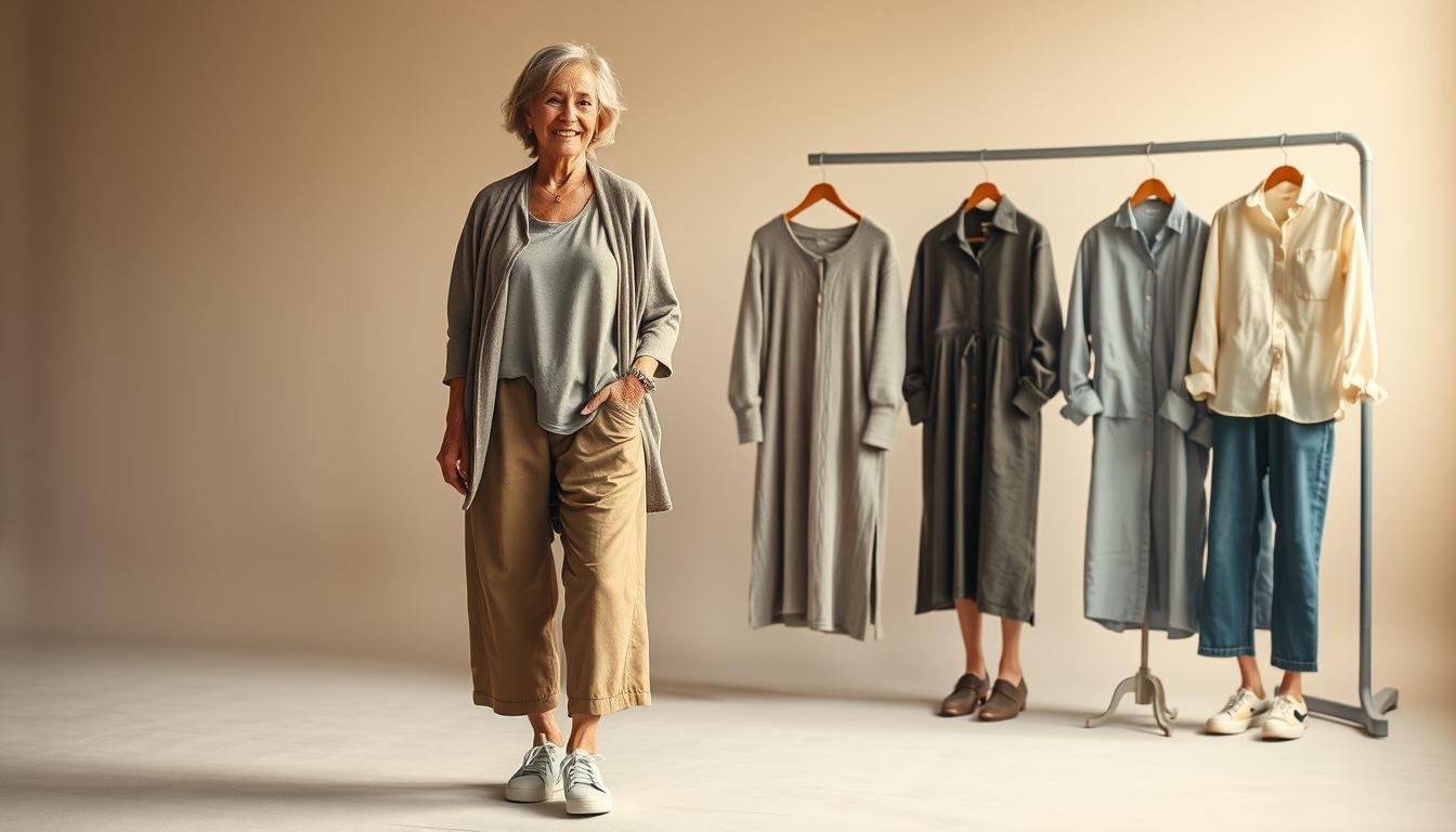 A warm, soft-lit studio scene featuring an array of casual, comfortable outfits for older women. In the foreground, an elegant 70-year-old woman effortlessly combines a flowing linen tunic, cropped wide-leg pants, and trendy sneakers. In the middle ground, a variety of mix-and-match separates - a knit cardigan, a versatile midi dress, and a crisp button-down shirt. In the background, a muted color palette of neutral tones and natural textures creates a serene, inviting atmosphere. The lighting is diffused and flattering, capturing the outfits' sophisticated yet relaxed aesthetic. The camera angle is slightly elevated, providing a curated, editorial perspective on the versatile style combinations.