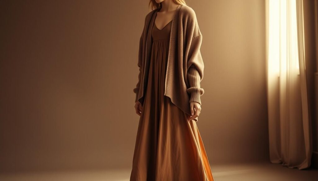 A woman standing gracefully, clad in a long, flowing dress in a muted, earthy palette. A cozy, oversized cardigan in a complementary hue drapes elegantly over her shoulders, creating a harmonious silhouette. The lighting is soft and diffused, casting a warm, flattering glow on the scene. The background is slightly blurred, allowing the focal point to be the woman's ensemble, showcasing the effortless elegance of the long dress and cardigan combination. The overall mood is one of comfort, sophistication, and timeless style.