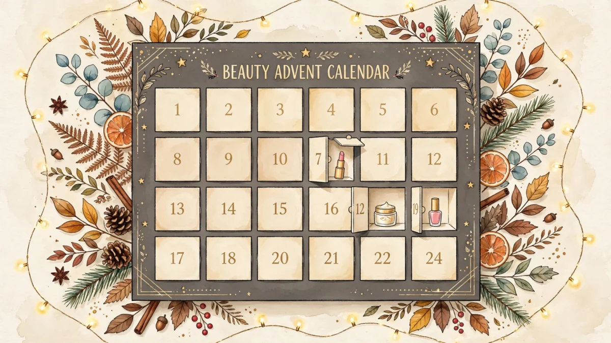 Illustrated flat-lay of beauty advent calendars under $50 with numbered doors revealing mini cosmetics