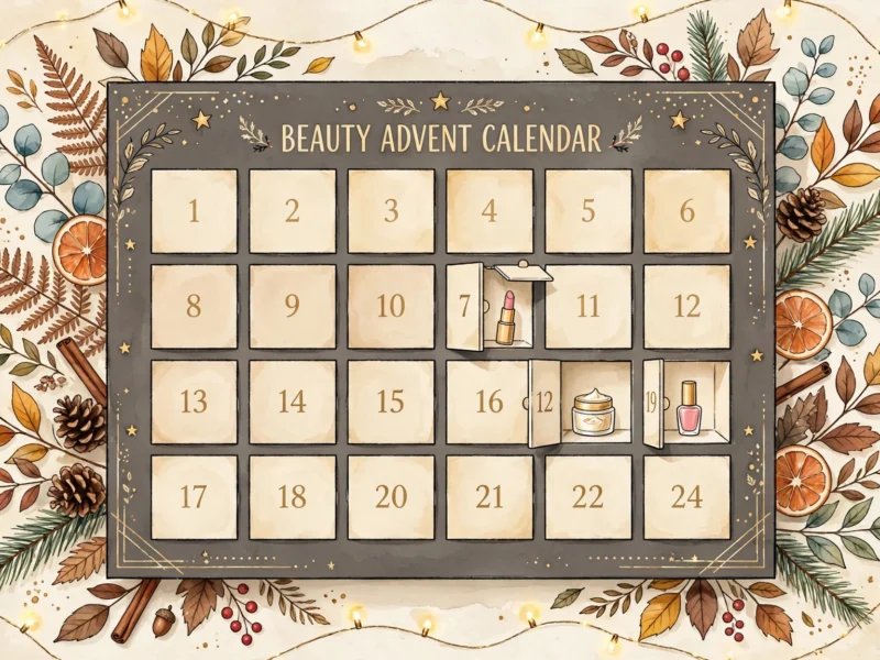 Illustrated flat-lay of beauty advent calendars under $50 with numbered doors revealing mini cosmetics